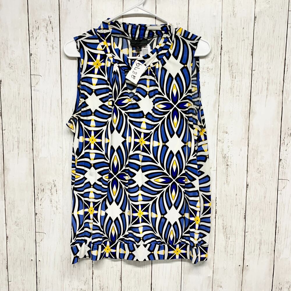 Worthington‎ Shirt Women Size Large Geo Print Collared Sleeveless Keyhole Blouse